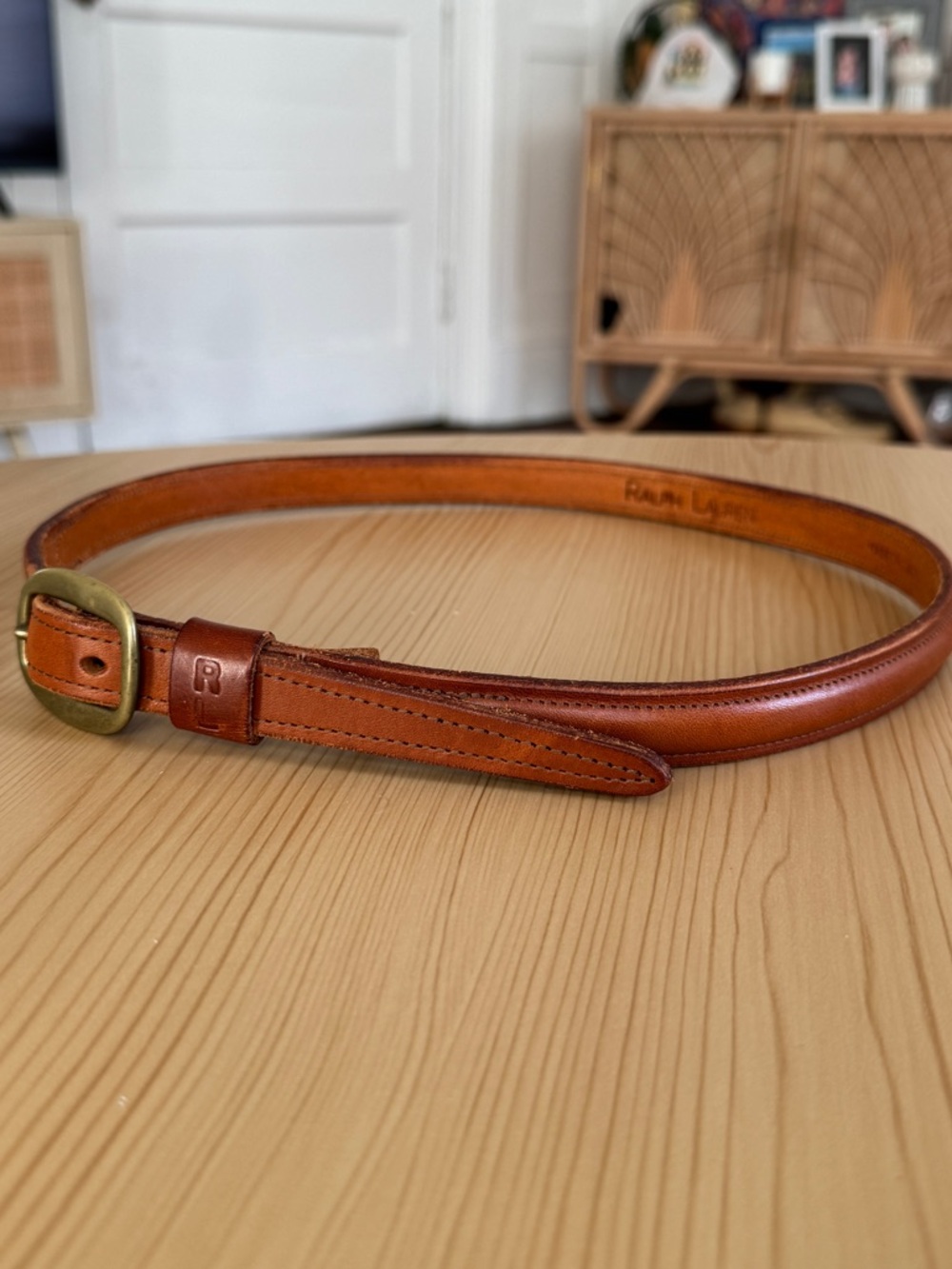 Vintage 80s Ralph Lauren Tan Vaccheta Leather Belt RL Stamp Italy Size 30” - Picture 5 of 11